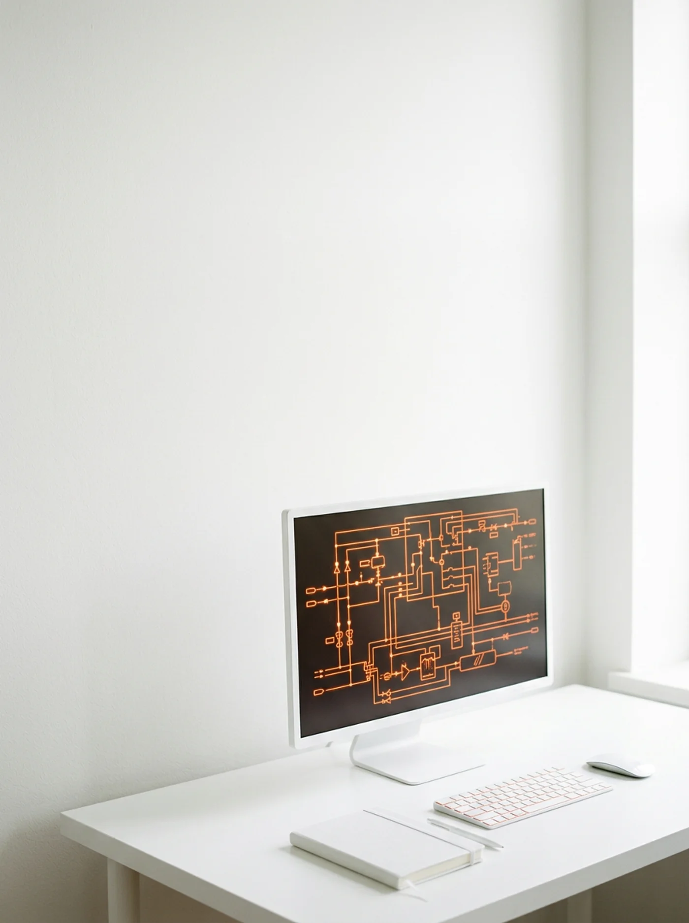 Monitor met een regeltechnisch schema in oranje lijnen