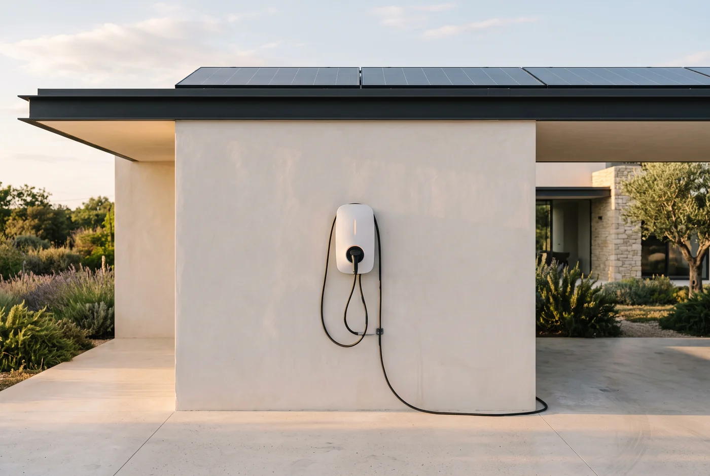 Elektrische auto aan een laadpunt onder zonnepanelen