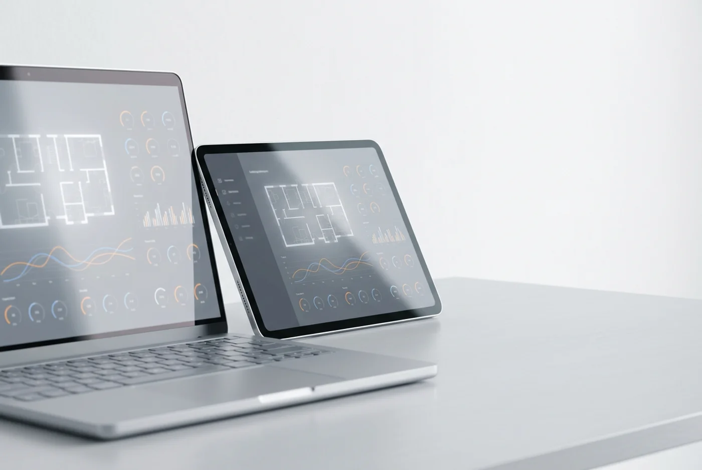 Laptop en tablet met een gebouwbeheer-dashboard