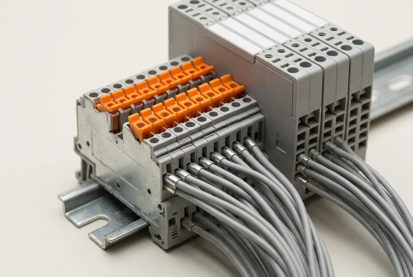 Macro van veerklemmen met oranje hefboompjes op een DIN-rail