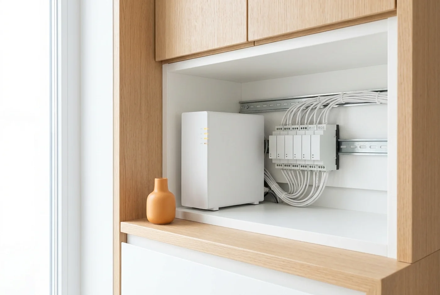Strak afgewerkte technische kast in een woning