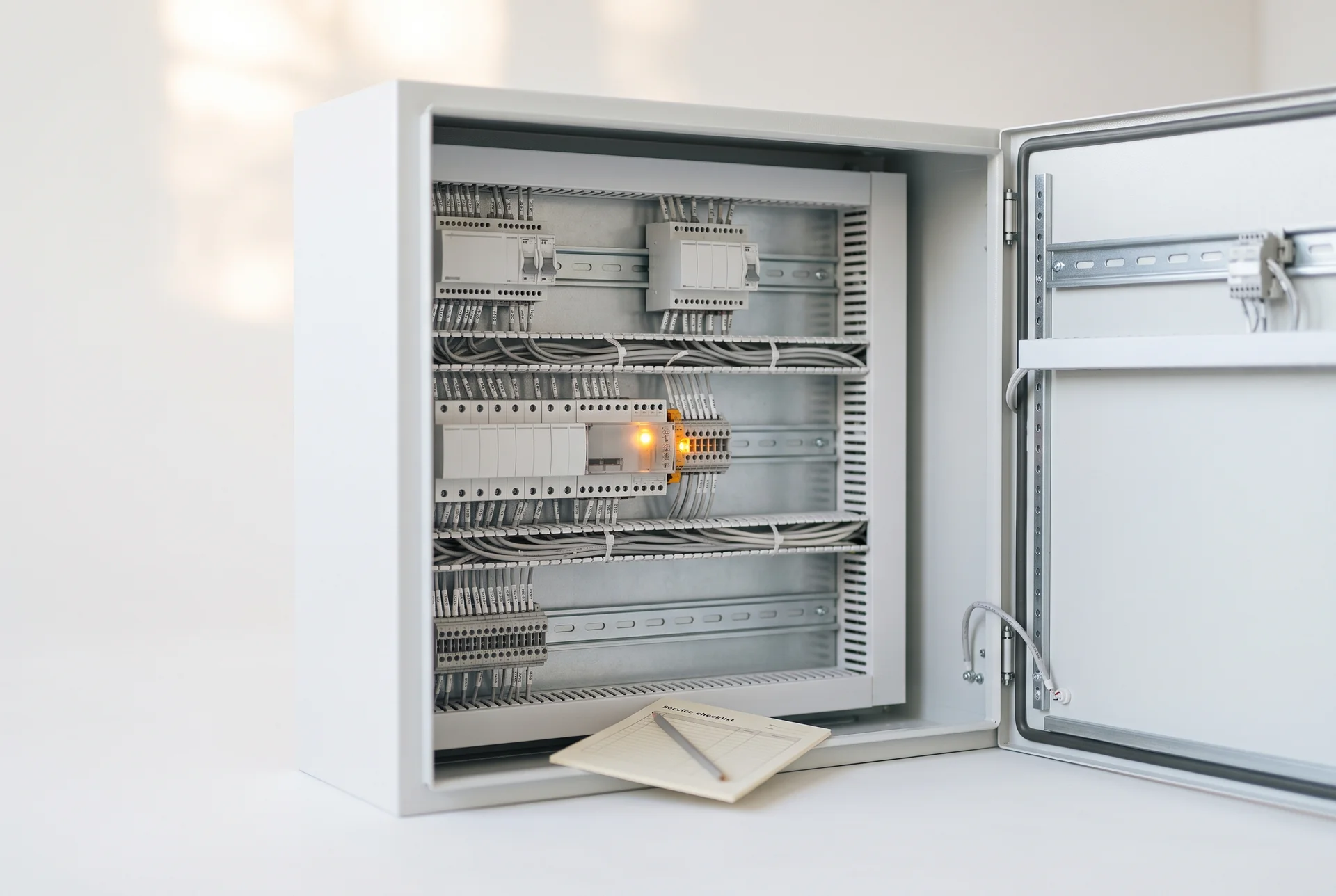 Opgeruimde open regelkast met rijen DIN-rail modules en een amberkleurige LED