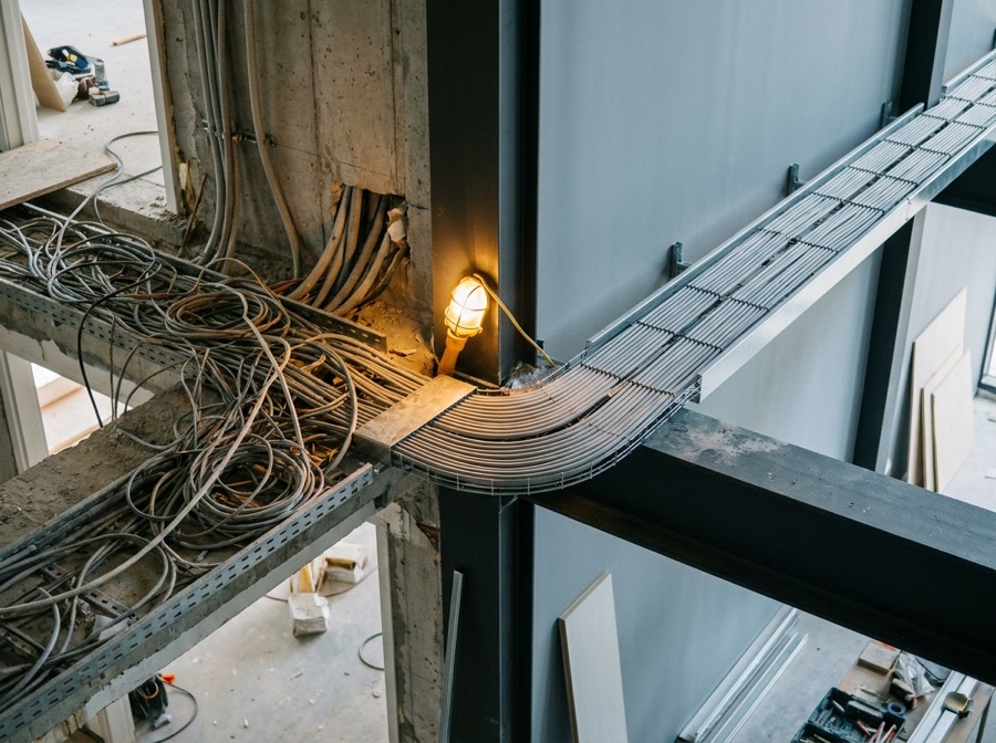 Bestaande bekabeling die overgaat in een nieuw aangelegde kabelgoot