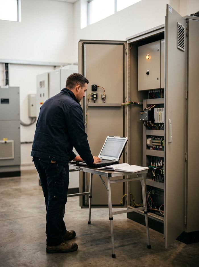 Engineer die aan een laptop werkt naast een open regelkast