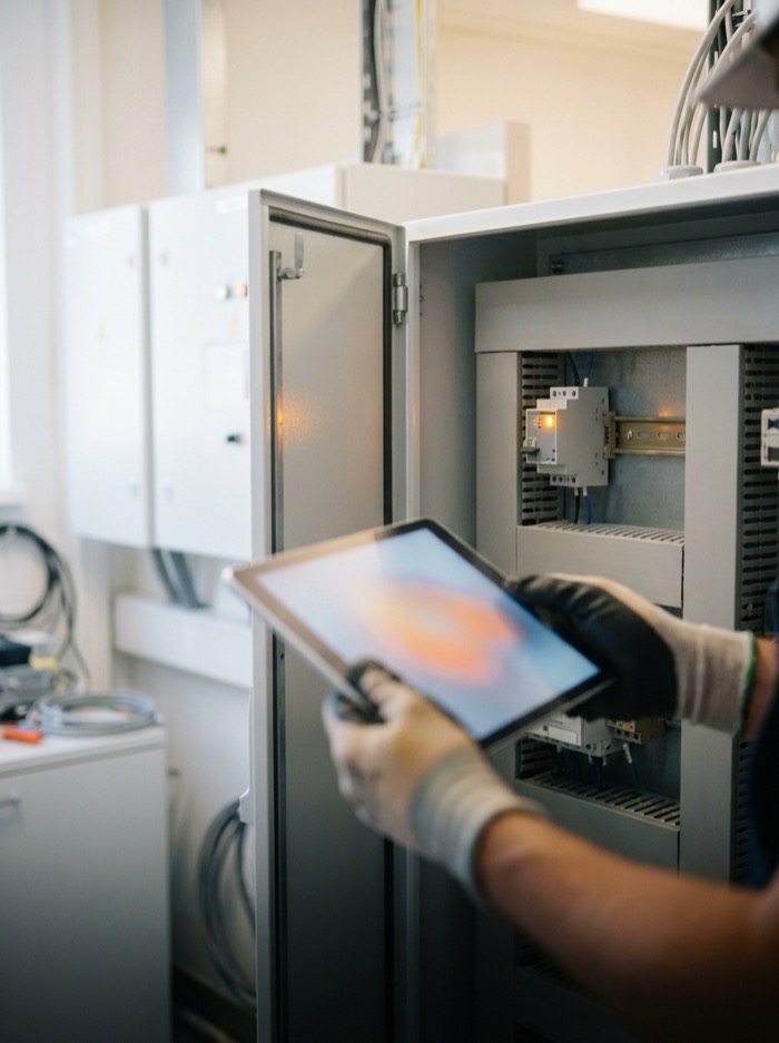 Monteur met een tablet voor een open regelkast tijdens de inbedrijfstelling